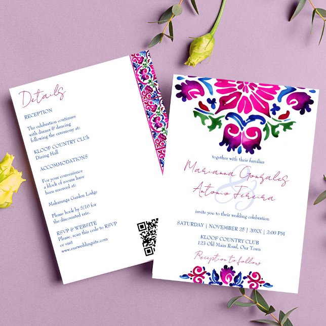 Convite Azulejos mexicanos azuis cor-de-rosa, todos em um  (Pink blue Mexican Talavera tiles wedding all in one editable template invitation watercolor tiles)