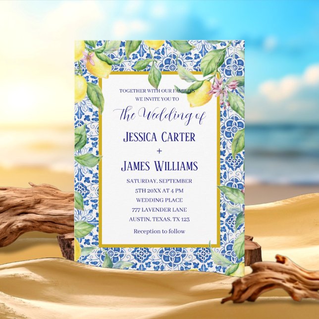 Convite Azulejos Portugueses Limões Casamento Mediterrâneo (Criador carregado)