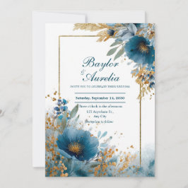 Convite Azure Blooms Elegante e Casamento de Quadro Dourad