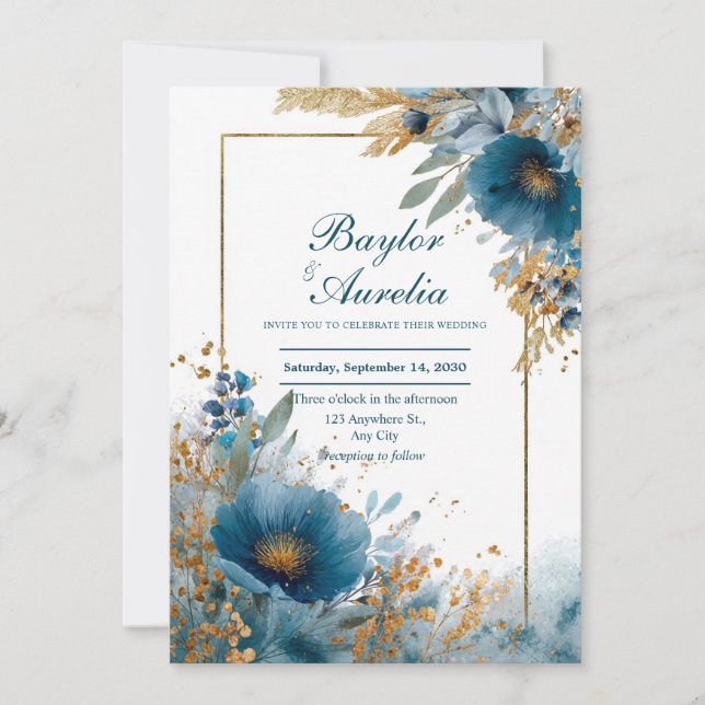 Convite Azure Blooms Elegante e Casamento de Quadro Dourad (Frente)