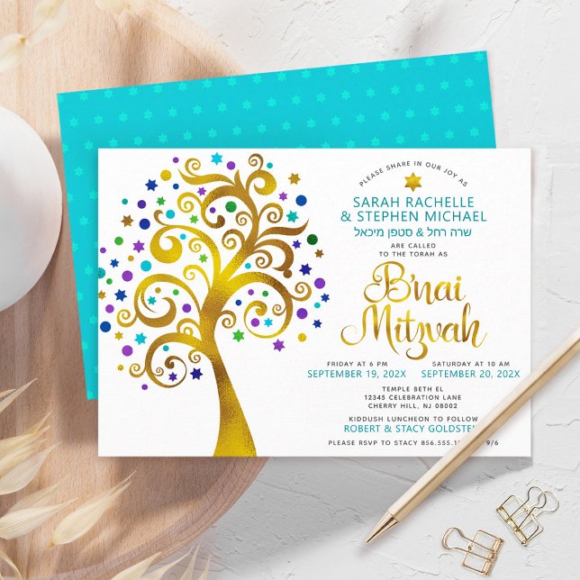 Convite B’nai Mitzvah Turquesa Árvore da Vida 2 Datas (Criador carregado)