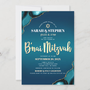 Convite B’nai Mitzvah Turquesa Ombre Ágata Dourado Script