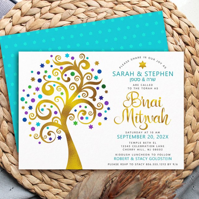 Convite B’nai Mitzvah Turquoise Gold Tree of Life (Criador carregado)