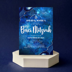 Convite B’nei Mitzvah Moderno Ágata Azul Script Aquarela