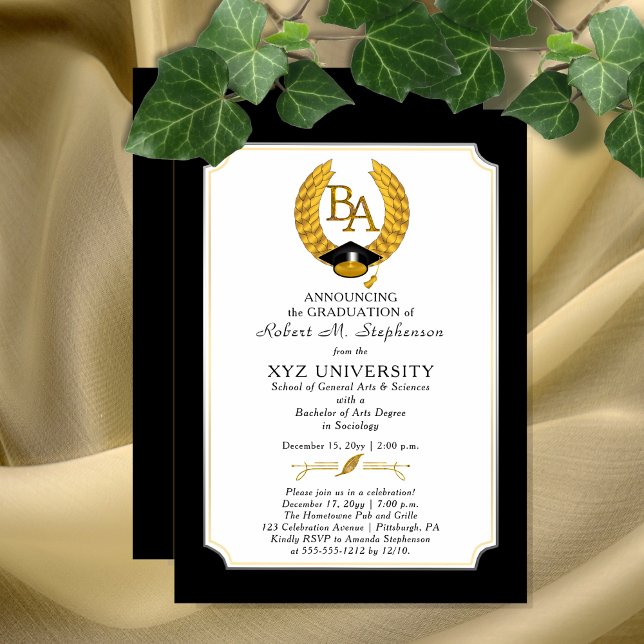 Convite BA - Bacharelado em Artes Faculdade de Graduação (Elegant "BA" Bachelor of Arts Degree College University Graduation Invitation Print and/or Download)