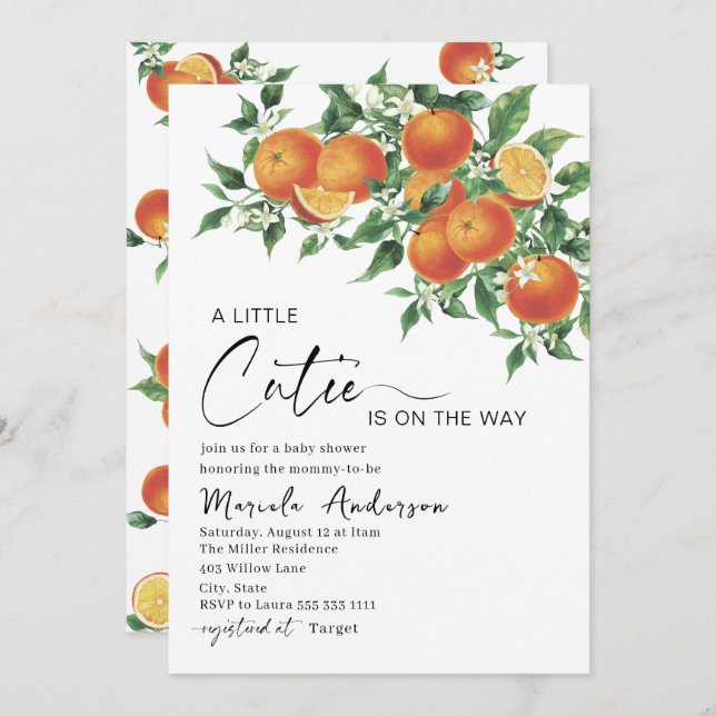 Convite Bab de Aquarela Elegante Citrus Orange (Frente/Verso)