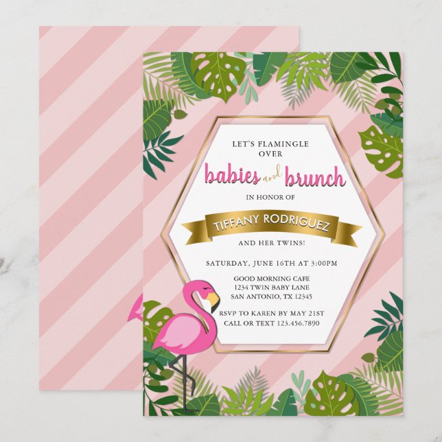 Convite Babies e Brunch Twins Flamingo Chá de fraldas (Frente/Verso)