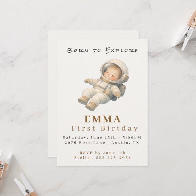 Convite Baby Astronaut First Birthday Flat Invitation Card (Frente/Verso In Situ)
