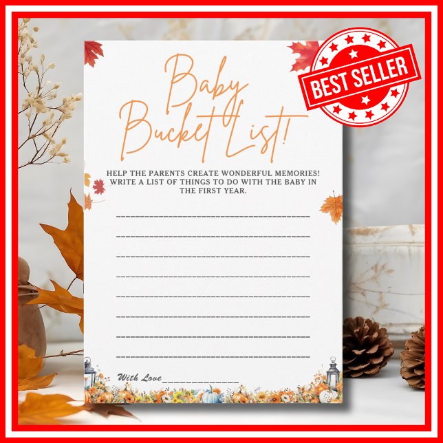 Convite BABY BALDE LIST Chá de fraldas Game Cute Bear (BABY BUCKET LIST Easy Baby Shower Game A Little Pumpkin is on the Way Fall Autumn Theme )