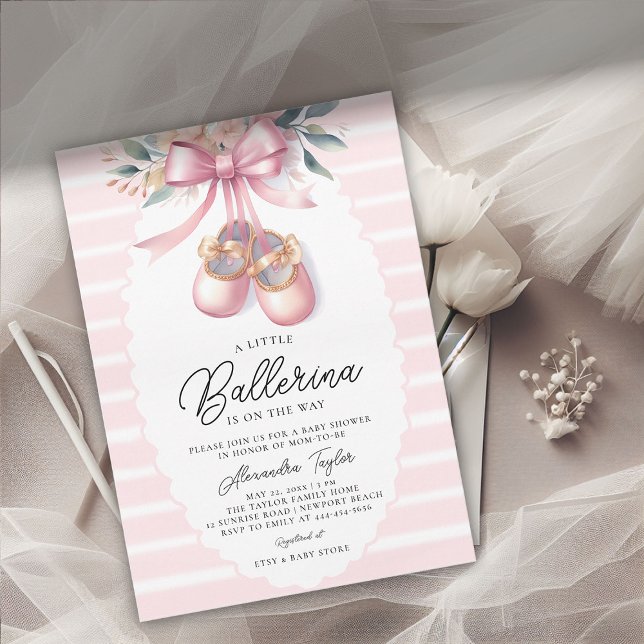 Convite Baby Ballerina Calçado Rosa Arco Floral Chá Garota (ballerina baby shower invitation ballet shoes pink floral bow ribbons satin elegant cute adorable)