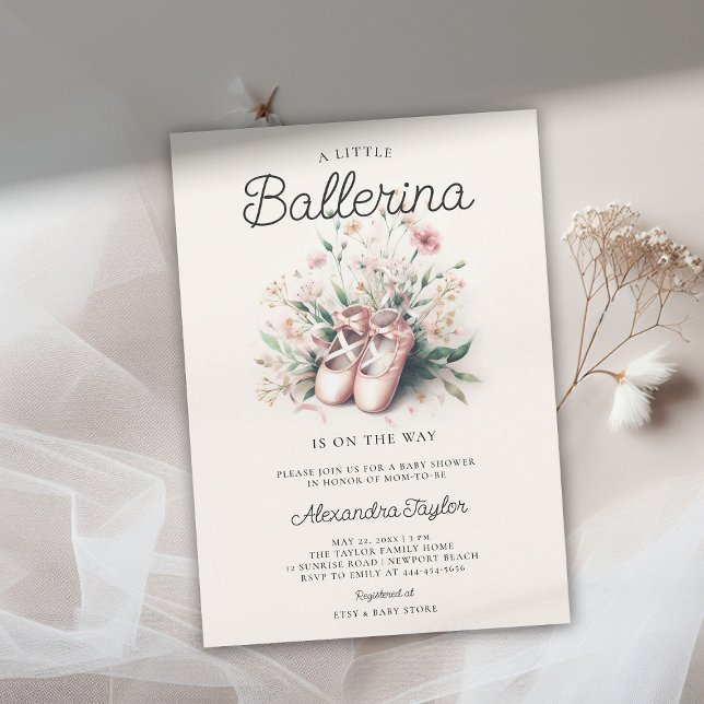 Convite Baby Ballerina Calçados Flor Selvagem Fita Chá Gar (ballerina baby shower invitation ballet shoes pink blush wildflowers bow ribbons satin elegant cute)