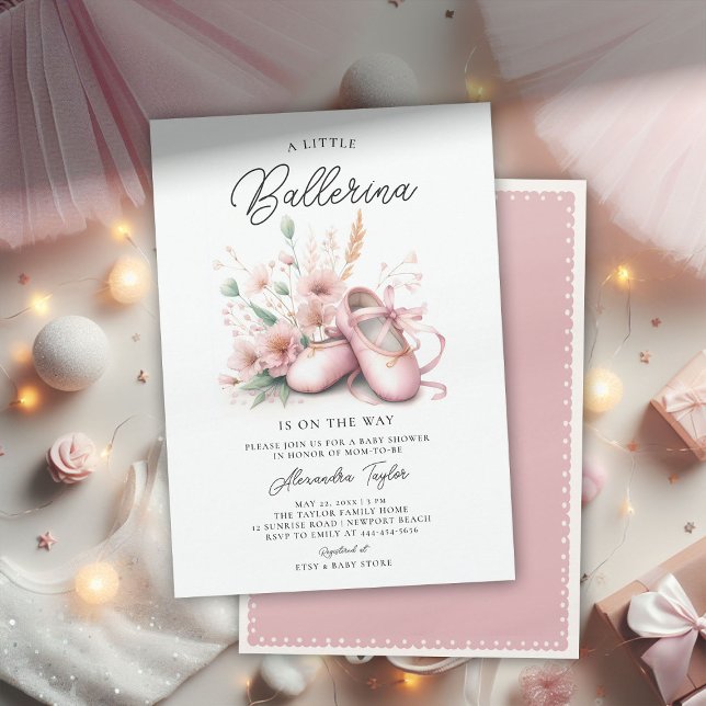 Convite Baby Ballerina Calçados Flores Selvagens Chá Garot (ballerina baby shower invitation ballet shoes pink wildflowers ribbons satin elegant cute adorable)