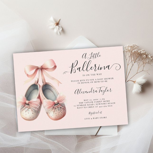 Convite Baby Ballerina Calçados rosa Arco doce Chá (little ballerina baby girl shower invitation pink blush gold bow ballet shoes watercolor cute chic)
