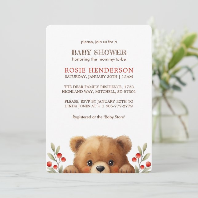 Convite Baby Bear And Rowan Berries Baby Shower (Em pé/Frente)