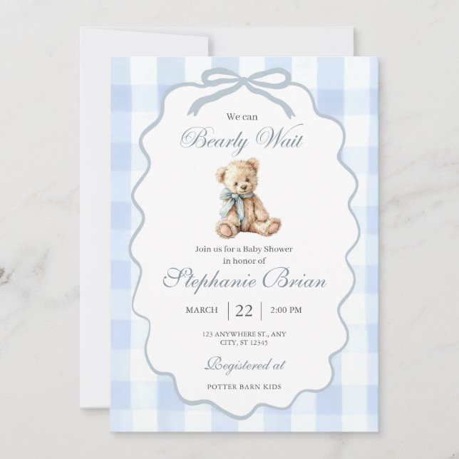 Convite Baby Bear Baby Shower Invitation Editable Pale Blu (Frente)