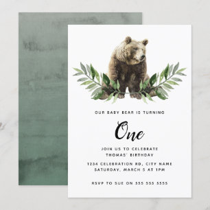 Convite Baby Bear Watercolor Woodland Primeiro Aniversário