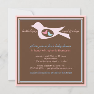 Convite Baby Birdie Twins Rosa Chá de fraldas Azul Convit