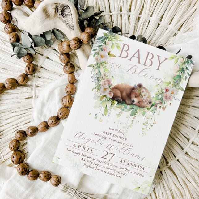 Convite Baby Bloom Floral Woodland Bear Baby Girl Chá (Criador carregado)