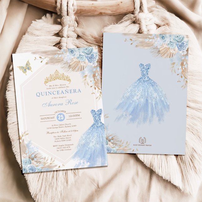Convite Baby Blue Boho Floral Quinceañera 15 Birthday (Criador carregado)