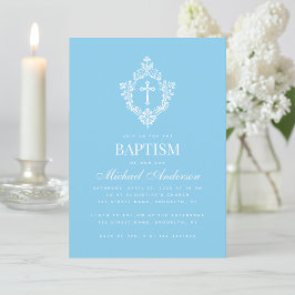Convite Baby Blue Boy Baptism Cross Crest Elegant Vintage