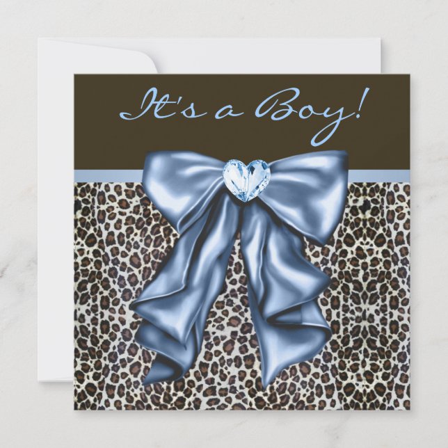 Convite Baby Blue Brown Lepard Baby Boy Chá (Frente)