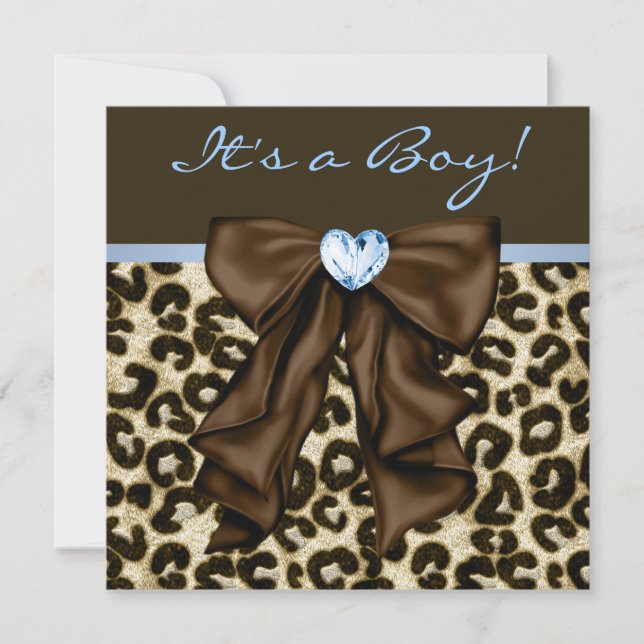 Convite Baby Blue Brown Lepard Baby Boy Chá (Frente)
