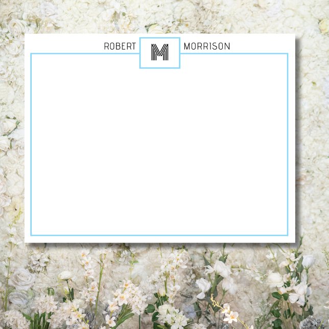 Convite Baby Blue Chic Monogram Stationery Note Card (Criador carregado)