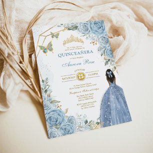 Convite Baby Blue Dourado Quinceañera Butterfly Princess