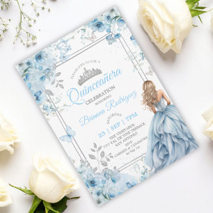 Convite Baby Blue e Floral Borboleta Prata Quinceañera