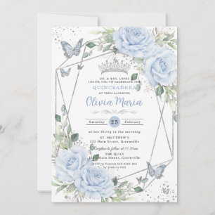 Convite Baby Blue Floral Borboletas Quinceanera Prata