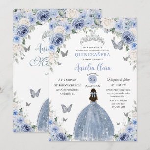 Convite Baby Blue Floral Branca Princesa Quinceañera XV 16