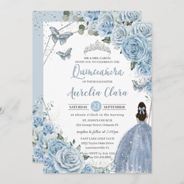 Convite Baby Blue Floral Butflies Princesa QUINCEAÑERA (Frente/Verso)