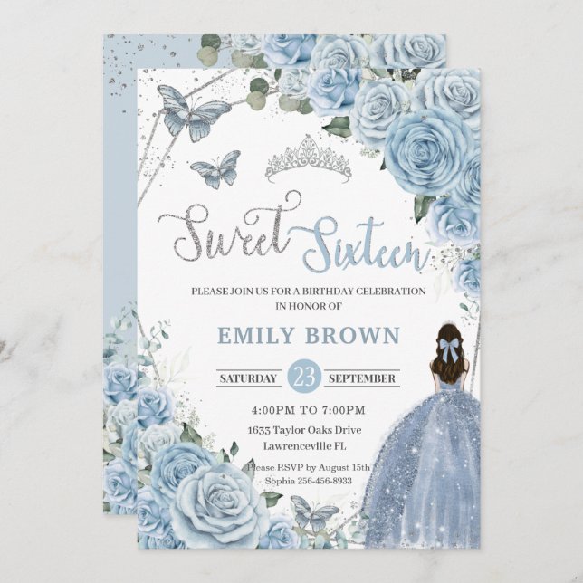 Convite Baby Blue Floral Butterflies Princesa Sweet 16 (Frente/Verso)