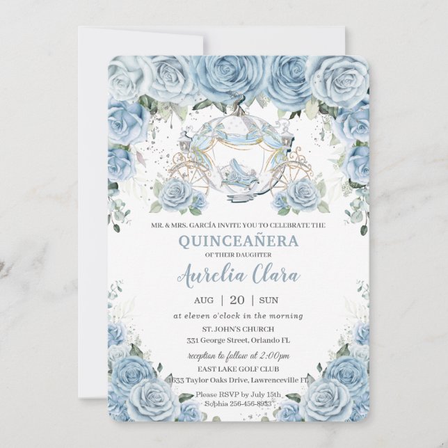 Convite Baby Blue Floral Cinderella Coach Quinceañera (Frente)