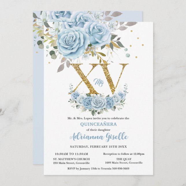 Convite Baby Blue Floral Dourado XV Quinceañera Quince 15 (Frente/Verso)