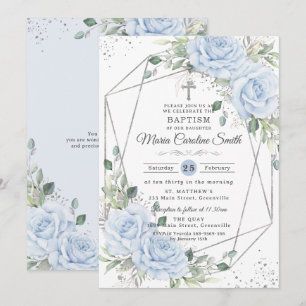 Convite Baby Blue Floral Prata Batismo Batizado