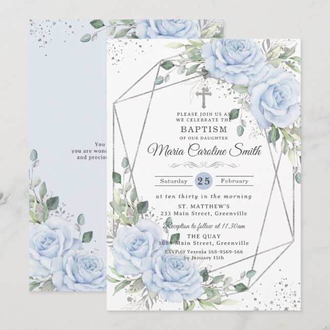 Convite Baby Blue Floral Prata Batismo Batizado  (Frente/Verso)