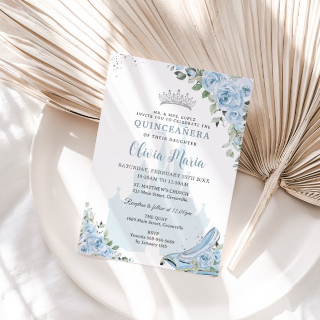 Convite Baby Blue Floral Princess Glass Calçado Quinceañer (Criador carregado)