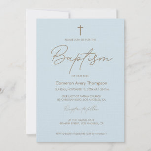 Convite Baby Blue Gold Cross tipografia moderna em script