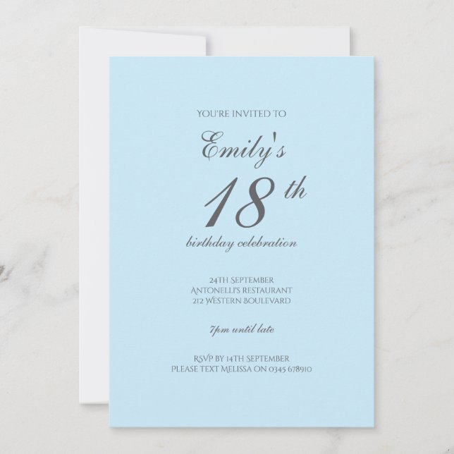 Convite Baby Blue Minimalist 18th Birthday Invitation (Frente)