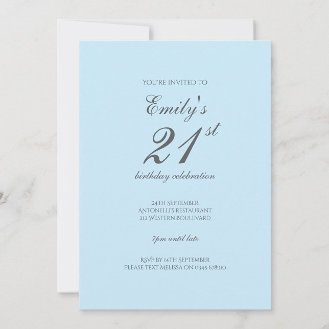 Convite Baby Blue Minimalist 21st Birthday Invitation (Frente)