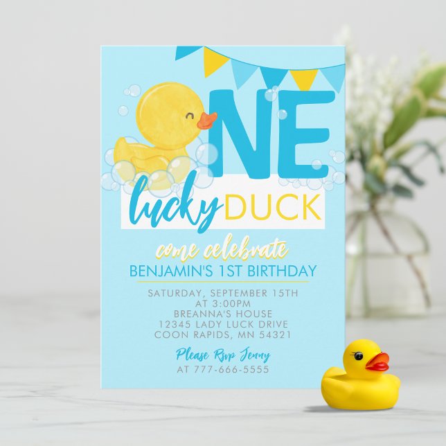 Convite Baby Blue One Lucky Ducky Duck primeiro aniversari (Baby Blue One Lucky Duck Watercolor 1st Birthday Invitations. Available printed or digital download)