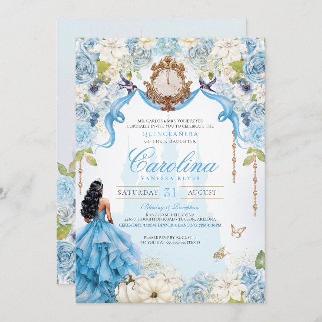 Convite Baby Blue Princesa Cinderella Quinceañera (Frente/Verso)