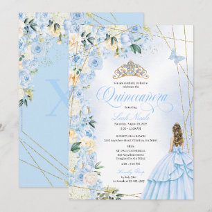 Convite Baby Blue Quinceañera e Dourado Brilho Sweet 15
