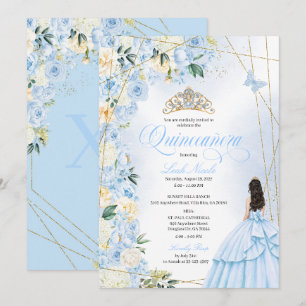 Convite Baby Blue Quinceañera e Dourado Brilho Sweet 15