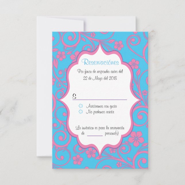 Convite Baby Blue & Rosa claro Quinceañera spanish RSVP (Frente)