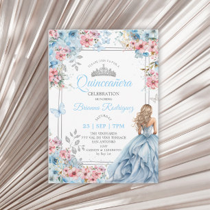 Convite Baby Blue Rosa Prata Floral Borboleta Quinceañera