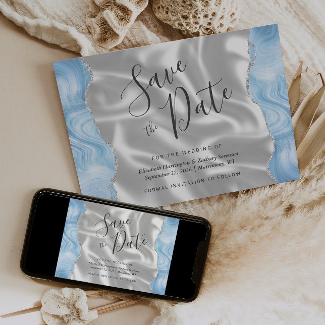 Convite Baby Blue Silver Ágata Branco Seda Save the Date (Criador carregado)