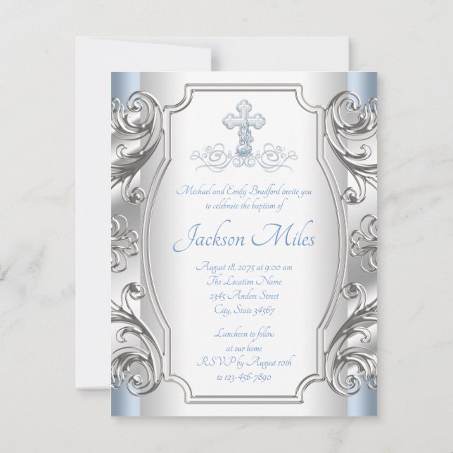 Convite Baby Blue Silver Cross Baptism Christening (Verso)