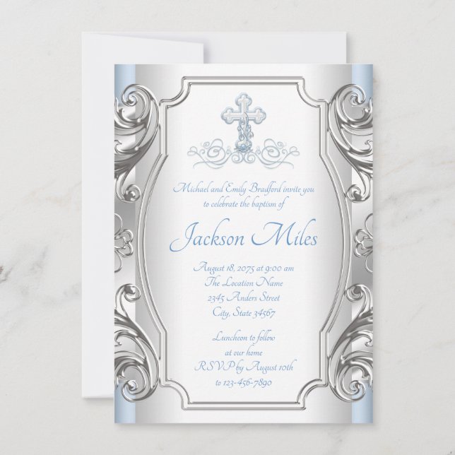 Convite Baby Blue Silver Cross Boy Christening (Verso)